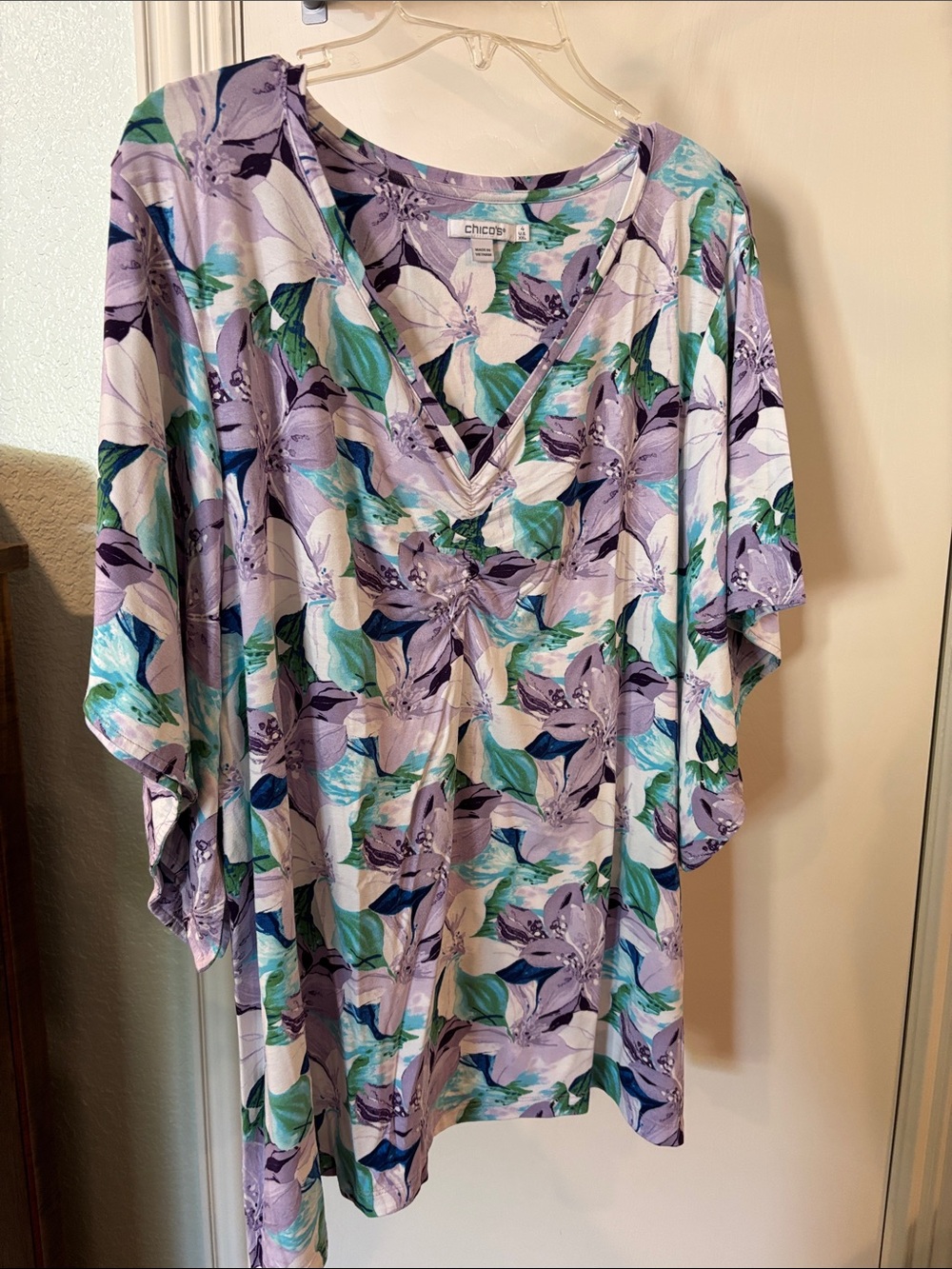 Chico's Lavender, Aqua & Green Floral V-Neck Blouse